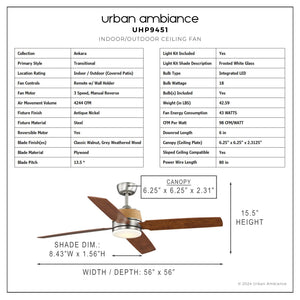 Urban Ambiance - Ceiling Fan - UHP9451 Modern Farmhouse Indoor Ceiling Fan, 15 - 1/2''H x 56
