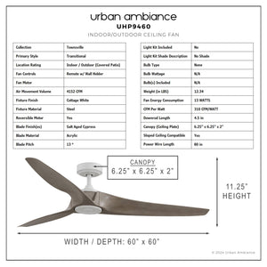 Urban Ambiance - Ceiling Fan - UHP9460 Minimalist Indoor Ceiling Fan, 11 - 1/4''H x 60