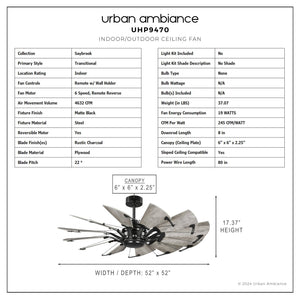 Urban Ambiance - Ceiling Fan - UHP9470 Tuscan Indoor Ceiling Fan, 17 - 3/8''H x 52