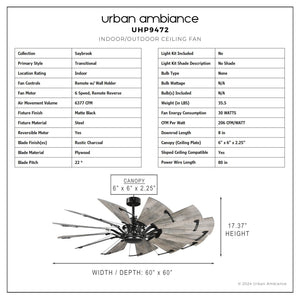 Urban Ambiance - Ceiling Fan - UHP9472 Tuscan Indoor Ceiling Fan, 17 - 3/8''H x 60
