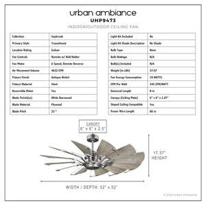 Urban Ambiance - Ceiling Fan - UHP9473 Tuscan Indoor Ceiling Fan, 17 - 3/8''H x 52