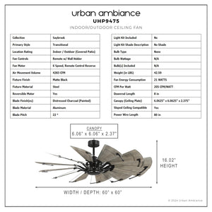 Urban Ambiance - Ceiling Fan - UHP9475 Tuscan Indoor Ceiling Fan, 16 - 1/46''H x 60