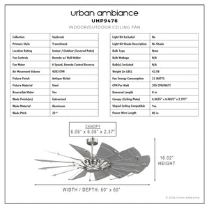 Urban Ambiance - Ceiling Fan - UHP9476 Tuscan Indoor Ceiling Fan, 16 - 1/46''H x 60