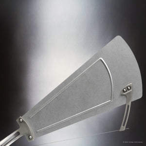 Featuring a metallic backdrop, this close-up highlights the Urban Ambiance UHP9477 Tuscan Indoor Ceiling Fan from the Saybrook Collection. It boasts a modern windmill-inspired design with sleek, triangular blades and an Antique Nickel finish, measuring 26-1/4''H x 60''W x 60''D.