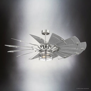 The Urban Ambiance UHP9477 Tuscan Indoor Ceiling Fan features a windmill-inspired design with an antique nickel finish and light kit, set against a gradient gray background. Part of the Saybrook Collection, its dimensions are 26-1/4''H x 60