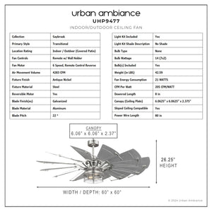 Urban Ambiance - Ceiling Fan - UHP9477 Tuscan Indoor Ceiling Fan with Light Kit, 26 - 1/4''H x 60