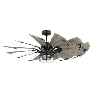 Urban Ambiance's UHP9478 Tuscan Indoor Ceiling Fan from the Saybrook Collection showcases a windmill-inspired, rustic design with wooden blades and a central light fixture in glass, finished in matte black. Dimensions: 26-1/4