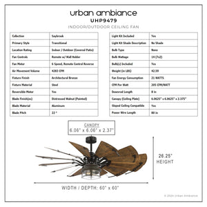 Urban Ambiance - Ceiling Fan - UHP9478 Tuscan Indoor Ceiling Fan, 26 - 1/4''H x 60