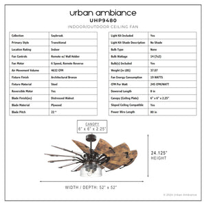 Urban Ambiance - Ceiling Fan - UHP9480 Tuscan Indoor Ceiling Fan, 24 - 1/8''H x 52