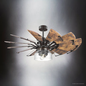 Introducing the Urban Ambiance Saybrook Collection ceiling fan featuring a Tuscan design with uniquely crafted blades of rustic wood and metal. The central glass light fixture complements its neutral tones, creating a timeless aesthetic for any room. Size: 24-1/8''H x 52