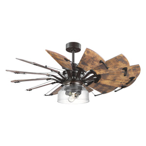 The UHP9480 Tuscan Ceiling Fan from the Saybrook Collection by Urban Ambiance boasts intricately crafted retractable wooden blades with a glass light fixture set on an architectural bronze metallic base. Dimensions are 24-1/8''H x 52