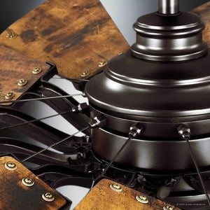 Close-up of the Urban Ambiance UHP9480 Tuscan Indoor Ceiling Fan from the Saybrook Collection, highlighting the Architectural Bronze Finish and intricately crafted wooden blades with detailed motor and blade attachments. Dimensions: 24-1/8''H x 52''W x 52''D.