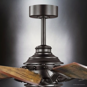 Close-up of the Urban Ambiance UHP9480 Tuscan Ceiling Fan from the Saybrook Collection, showcasing its architectural bronze metal base and uniquely crafted wooden blades, viewed from below against a gradient background. Dimensions: 24-1/8''H x 52