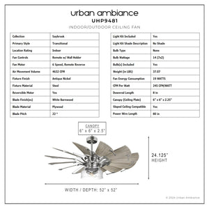 Urban Ambiance - Ceiling Fan - UHP9481 Tuscan Indoor Ceiling Fan, 24 - 1/8''H x 52