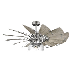 The UHP9481 Tuscan Indoor Ceiling Fan from Urban Ambiance's Saybrook Collection features an industrial-rustic design with metallic blades, a transparent light fixture, and central motor housing. It measures 24-1/8''H x 52