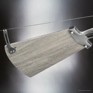 A stainless steel meat cleaver with a textured blade, inspired by the Saybrook collection from Urban Ambiance's Tuscan Ceiling Fan, is suspended from a wire against a gradient background.