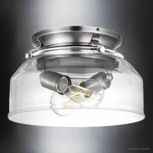 From the Saybrook Collection, the UHP9481 Tuscan Indoor Ceiling Fan by Urban Ambiance features an antique nickel finish and rustic design with a brushed metal base and clear glass shade, highlighting two exposed LED bulbs. Dimensions: 24-1/8''H x 52