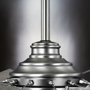 Close-up of the Urban Ambiance UHP9481 Tuscan Indoor Ceiling Fan from the Saybrook Collection in Antique Nickel Finish, showcasing bolts and a cylindrical pole against a dark background.