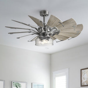 The UHP9481 Tuscan Indoor Ceiling Fan by Urban Ambiance, part of the Saybrook Collection, features a modern yet rustic design with wooden and metallic blades in an Antique Nickel finish. It elegantly enhances rooms with white walls and windows at 24-1/8''H x 52