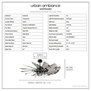 Urban Ambiance - Ceiling Fan - UHP9482 Tuscan Indoor Ceiling Fan, 24 - 1/8''H x 52