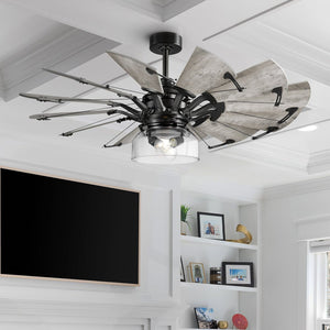Explore the Urban Ambiance Saybrook Collection's Tuscan Indoor Ceiling Fan, boasting a matte black finish. At 24-1/8''H x 52"W x 52''D, it elegantly complements rooms with white shelves and black-framed TVs, offering a perfect fusion of style and function.