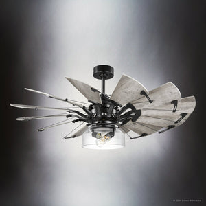 Introducing the Urban Ambiance UHP9482 Tuscan Indoor Ceiling Fan from the Saybrook Collection, an industrial-style piece with wooden blades and metal accents, finished in matte black and featuring a central light. Dimensions: 24-1/8''H x 52