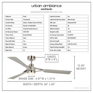 Urban Ambiance - Ceiling Fan - UHP9491 Industrial Indoor Ceiling Fan, 13 - 9/16''H x 60
