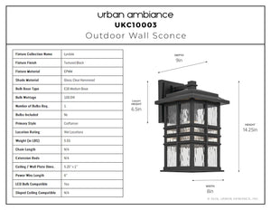 Urban Ambiance - Wall Sconce - UKC10003 Craftsman Outdoor Wall Sconce, 14.25''H x 8''W x 9''Dep, Textured Black Finish, Lyndale Collection - 