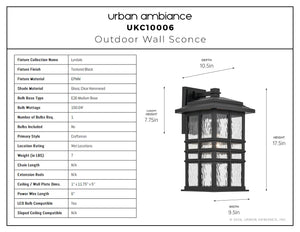 Urban Ambiance - Wall Sconce - UKC10006 Craftsman Outdoor Wall Sconce, 17.5''H x 9.5''W x 10.5''Dep, Textured Black Finish, Lyndale Collection - 