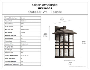 Urban Ambiance - Wall Sconce - UKC10007 Craftsman Outdoor Wall Sconce, 17.5''H x 9.5''W x 10.5''Dep, Olde Bronze Finish, Lyndale Collection - 