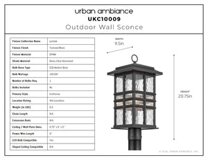 Urban Ambiance - Post Light - UKC10009 Craftsman Outdoor Post Light, 20.75''H x 9.5''W x 9.5''Dep, Textured Black Finish, Lyndale Collection - 