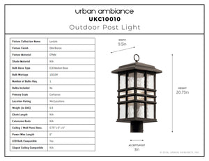 Urban Ambiance - Post Light - UKC10010 Craftsman Outdoor Post Light, 20.75''H x 9.5''W x 9.5''Dep, Olde Bronze Finish, Lyndale Collection - 