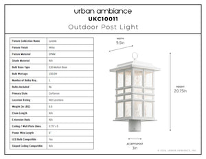 Urban Ambiance - Post Light - UKC10011 Craftsman Outdoor Post Light, 20.75''H x 9.5''W x 9.5''Dep, White Finish, Lyndale Collection - 