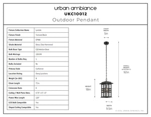 Urban Ambiance - Pendant - UKC10012 Craftsman Outdoor Pendant, 18''H x 9.5''W x 9.5''Dep, Textured Black Finish, Lyndale Collection - 