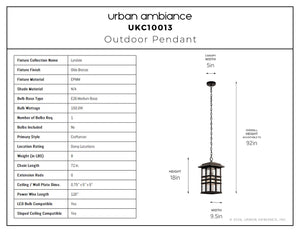 Urban Ambiance - Pendant - UKC10013 Craftsman Outdoor Pendant, 18''H x 9.5''W x 9.5''Dep, Olde Bronze Finish, Lyndale Collection - 