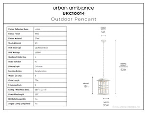 Urban Ambiance - Pendant - UKC10014 Craftsman Outdoor Pendant, 18''H x 9.5''W x 9.5''Dep, White Finish, Lyndale Collection - 