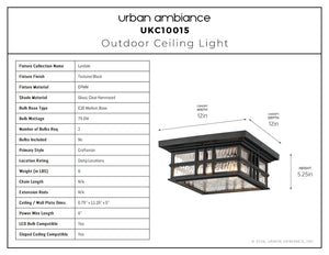 Urban Ambiance - Ceiling Light - UKC10015 Craftsman Outdoor Ceiling Light, 5.25''H x 12''W x 12''Dep, Textured Black Finish, Lyndale Collection - 
