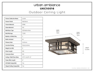 Urban Ambiance - Ceiling Light - UKC10016 Craftsman Outdoor Ceiling Light, 5.25''H x 12''W x 12''Dep, Olde Bronze Finish, Lyndale Collection - 