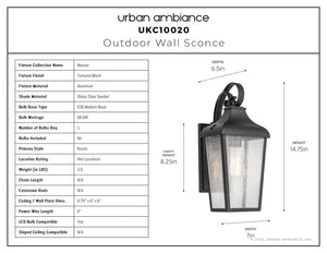 Urban Ambiance - Wall Sconce - UKC10020 Rustic Outdoor Wall Sconce, 14.75''H x 7''W x 6.5''Dep, Textured Black Finish, Norwyn Collection - 