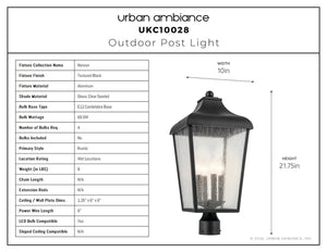 Urban Ambiance - Post Light - UKC10028 Rustic Outdoor Post Light, 21.75''H x 10''W x 10''Dep, Textured Black Finish, Norwyn Collection - 