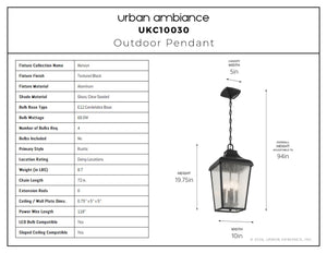 Urban Ambiance - Pendant - UKC10030 Rustic Outdoor Pendant, 19.75''H x 10''W x 10''Dep, Textured Black Finish, Norwyn Collection - 