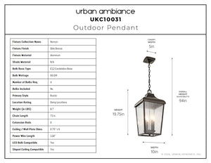 Urban Ambiance - Pendant - UKC10031 Rustic Outdoor Pendant, 19.75''H x 10''W x 10''Dep, Olde Bronze Finish, Norwyn Collection - 