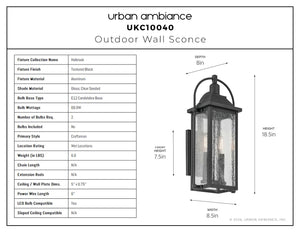 Urban Ambiance - Wall Sconce - UKC10040 Craftsman Outdoor Wall Sconce, 18.5''H x 8.5''W x 8''Dep, Textured Black Finish, Halbrook Collection - 
