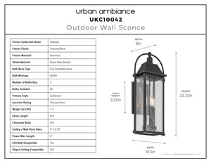 Urban Ambiance - Wall Sconce - UKC10042 Craftsman Outdoor Wall Sconce, 23.25''H x 10.5''W x 8''Dep, Textured Black Finish, Halbrook Collection - 