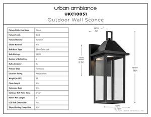 Urban Ambiance - Wall Sconce - UKC10051 Farmhouse Outdoor Wall Sconce, 14''H x 5.75''W x 7''Dep, Black Finish, Colwyn Collection - 