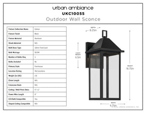 Urban Ambiance - Wall Sconce - UKC10055 Farmhouse Outdoor Wall Sconce, 16.75''H x 6.75''W x 8.25''Dep, Black Finish, Colwyn Collection - 