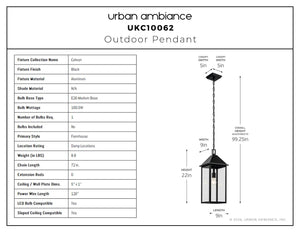Urban Ambiance - Pendant - UKC10062 Farmhouse Outdoor Pendant, 22''H x 9''W x 9''Dep, Black Finish, Colwyn Collection - 