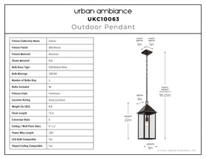 Urban Ambiance - Pendant - UKC10063 Farmhouse Outdoor Pendant, 22''H x 9''W x 9''Dep, Olde Bronze Finish, Colwyn Collection - 