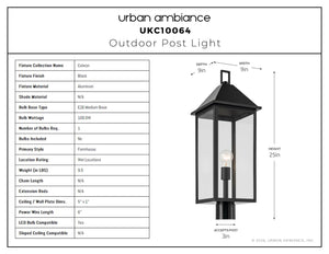 Urban Ambiance - Post Light - UKC10064 Farmhouse Outdoor Post Light, 25''H x 9''W x 9''Dep, Black Finish, Colwyn Collection - 