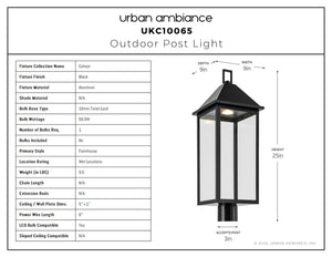 Urban Ambiance - Post Light - UKC10065 Farmhouse Outdoor Post Light, 25''H x 9''W x 9''Dep, Black Finish, Colwyn Collection - 